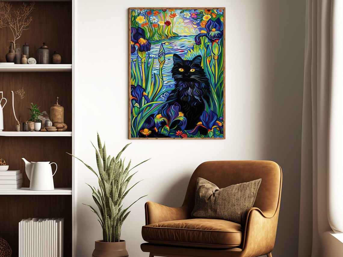 Black Cat Among Irises Colorful Van Gogh Style Flower Garden Art Poster - Image 3