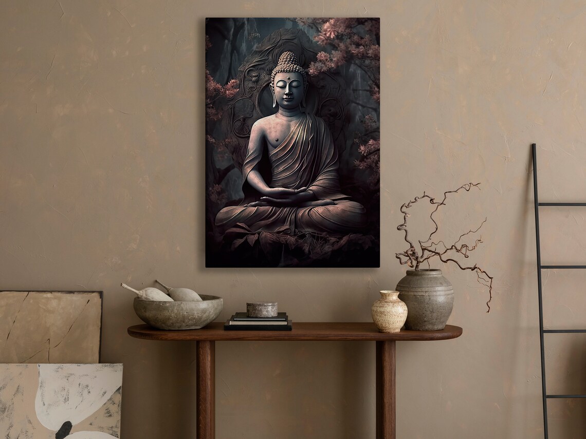 Serene Buddha Meditating Lotus Pose Mystical Stone Temple Dark Zen Wall Art - Image 2