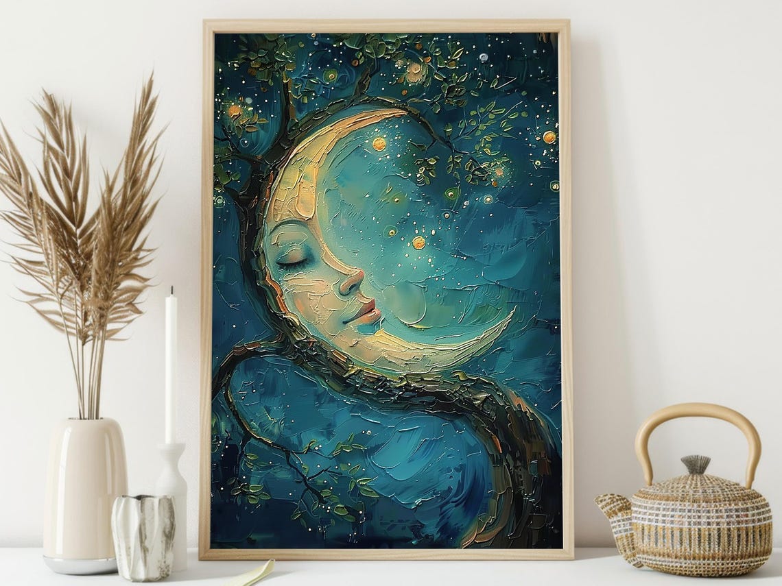 Vintage Crescent Moon Print Cottage Moon Poster Print Magic Forest Wall Art Surreal Room Decor - Image 3
