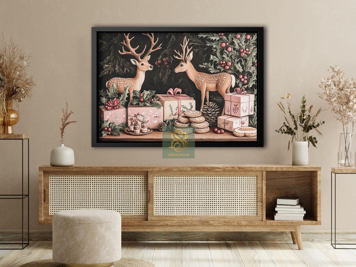 Two Spotted Deer With Christmas Gifts Cookies and Pinecones Poster - Image 4