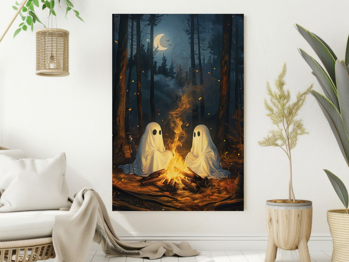 Two Cute Ghosts By Campfire Night Forest Crescent Moon Art Poster - Image 2