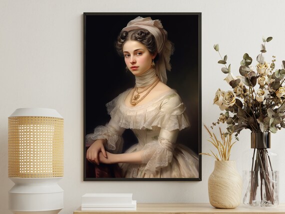 Victorian Woman White Bonnet Pearls Classic Portrait Oil Painting Art Poster