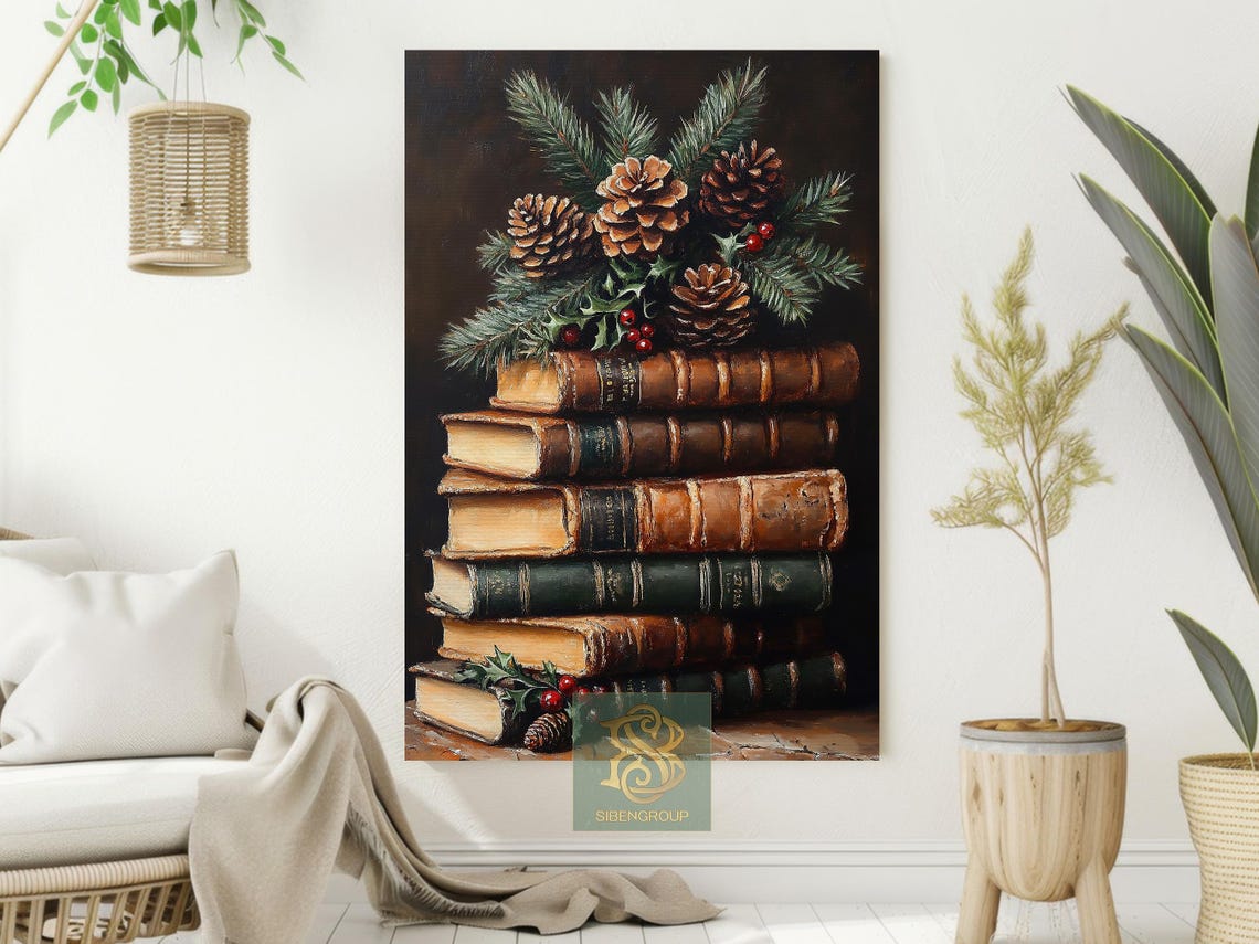Vintage Stack of Old Books With Pinecones and Holly Art Print - Image 2