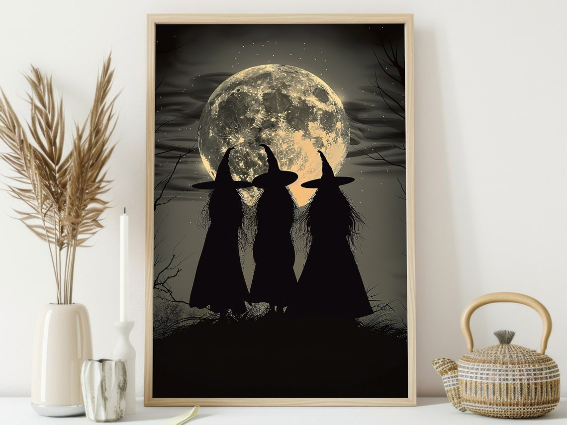 Three Witches Silhouette Under Full Moon Haunted Night Art Poster - Image 4
