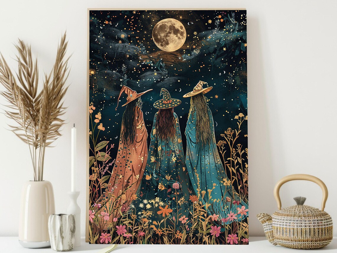 Three Witches Gazing at Full Moon Starry Night Wildflower Field Poster - Image 4
