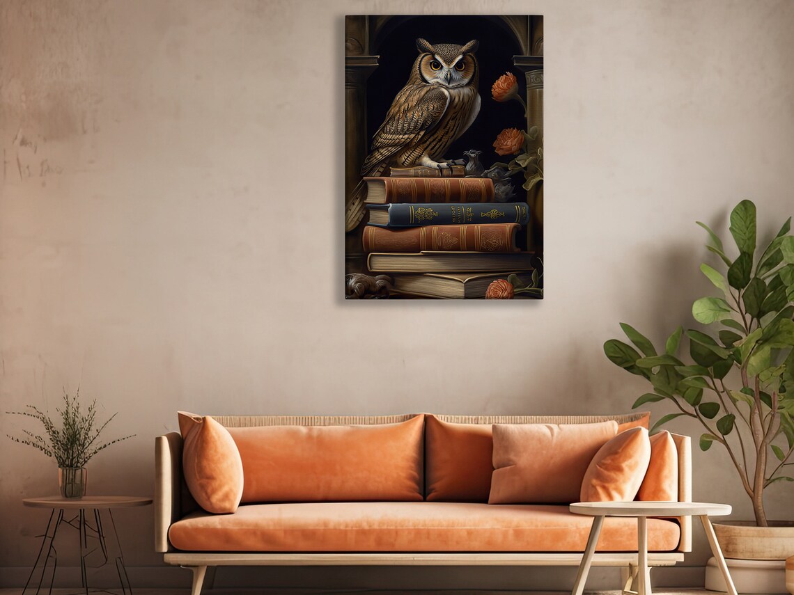 Owl Perched Antique Books Arched Alcove Orange Roses Vintage Art Poster - Image 2