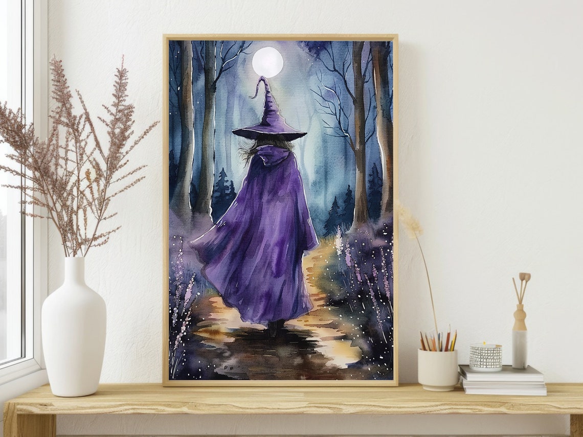 Witch In Purple Cloak Walking Moonlit Forest Path Watercolor Poster - Image 4