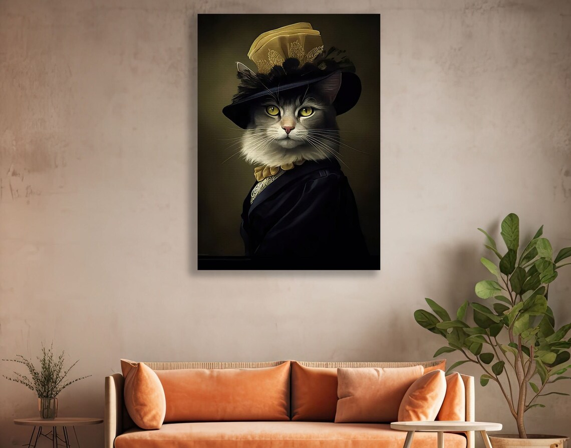 Elegant Gray Cat Lady In Black Feather Hat Vintage Animal Portrait Poster - Image 3
