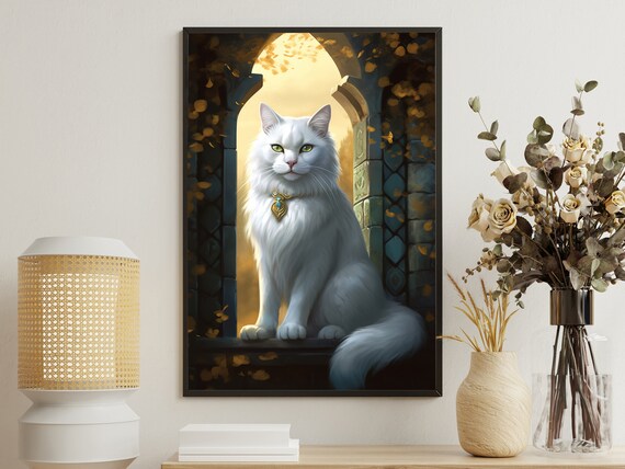 Royal White Longhair Cat With Jeweled Collar In Golden Archway Animal Poster