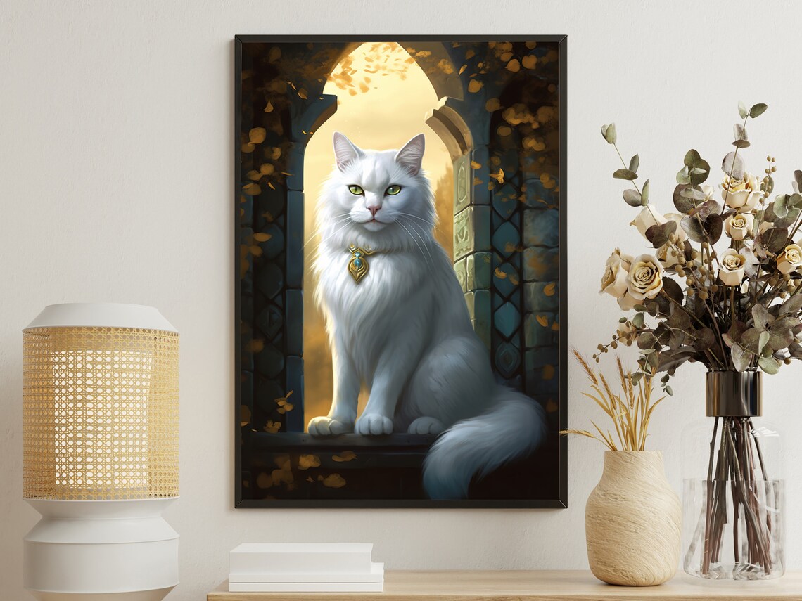 Royal White Longhair Cat With Jeweled Collar In Golden Archway Animal Poster