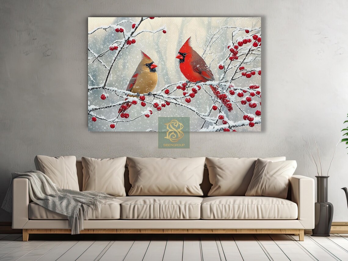 Pair Of Cardinals Snowy Berry Branches Winter Bird Painting Wall Art - Image 2