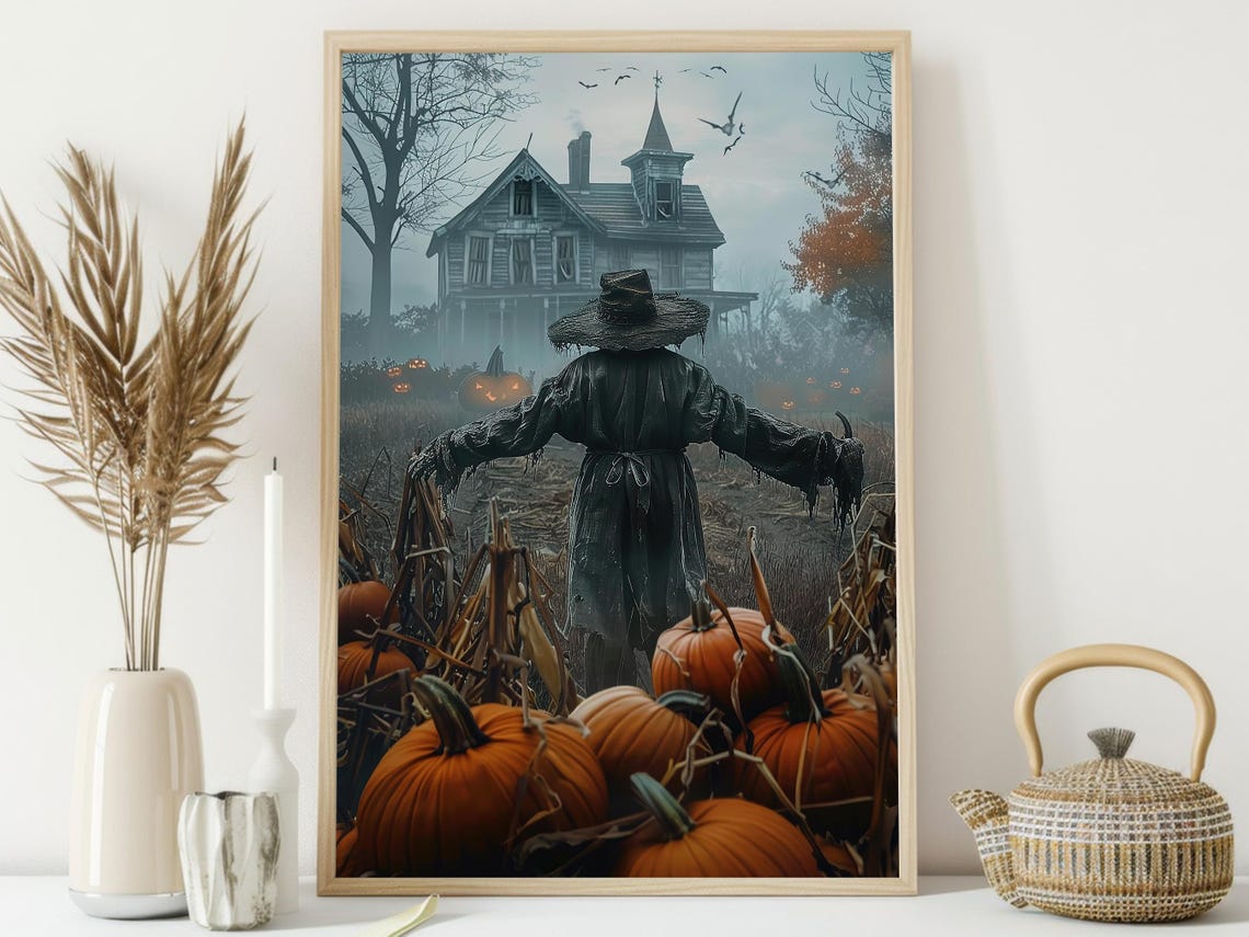 Dark Scarecrow in Pumpkin Patch Haunted Farmhouse Misty Harvest Poster - Image 4