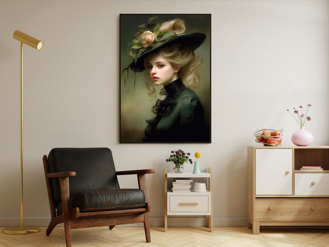Victorian Lady Green Feathered Hat Rose Oil Painting Gothic Portrait Poster - Image 2