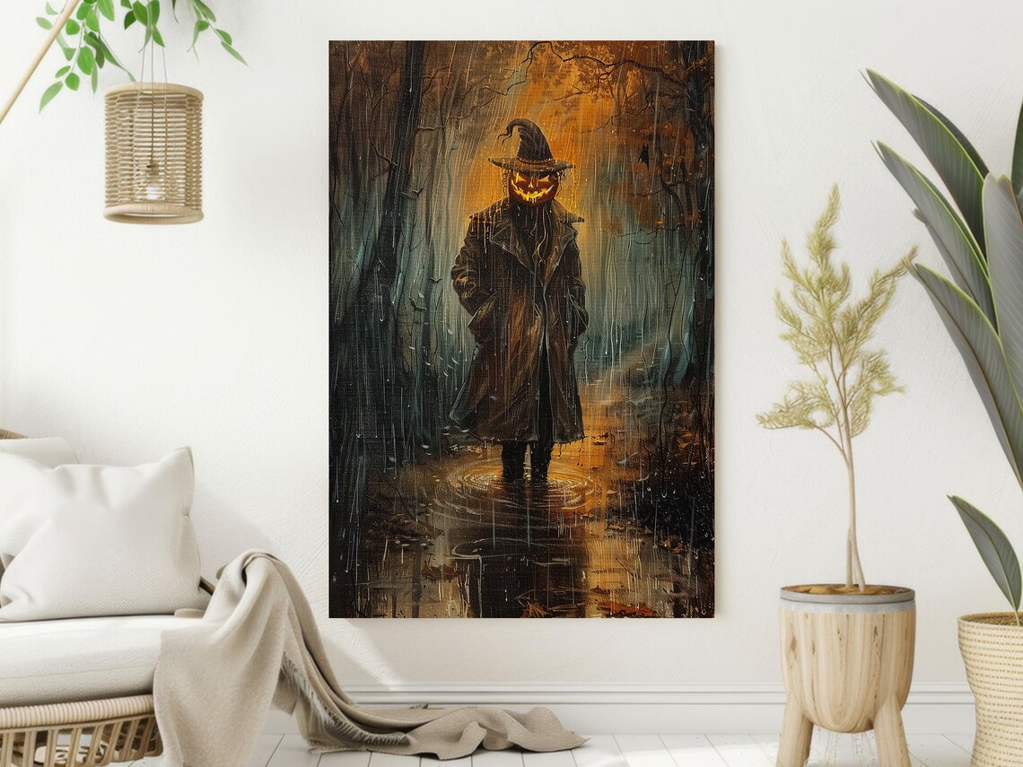Spooky Pumpkin Head Man in Rainy Dark Forest Oil Painting Poster - Image 2