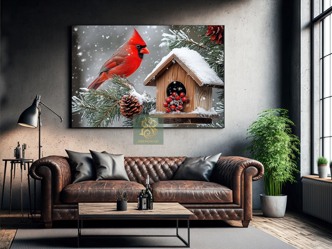 Red Cardinal Snowy Birdhouse Winter Snowfall Bird Painting Poster - Image 2