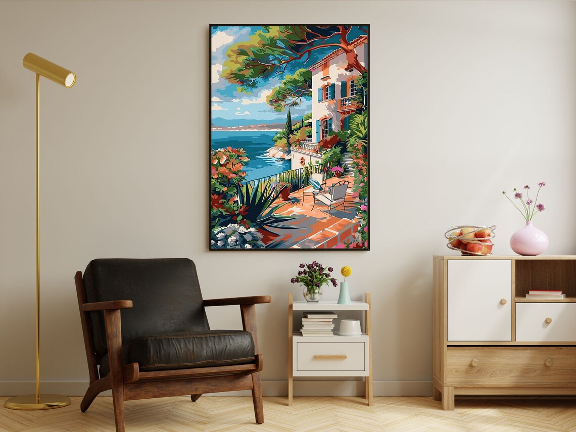 Mediterranean Villa Terrace Overlooking Sparkling Blue Sea Coast Art Print - Image 4