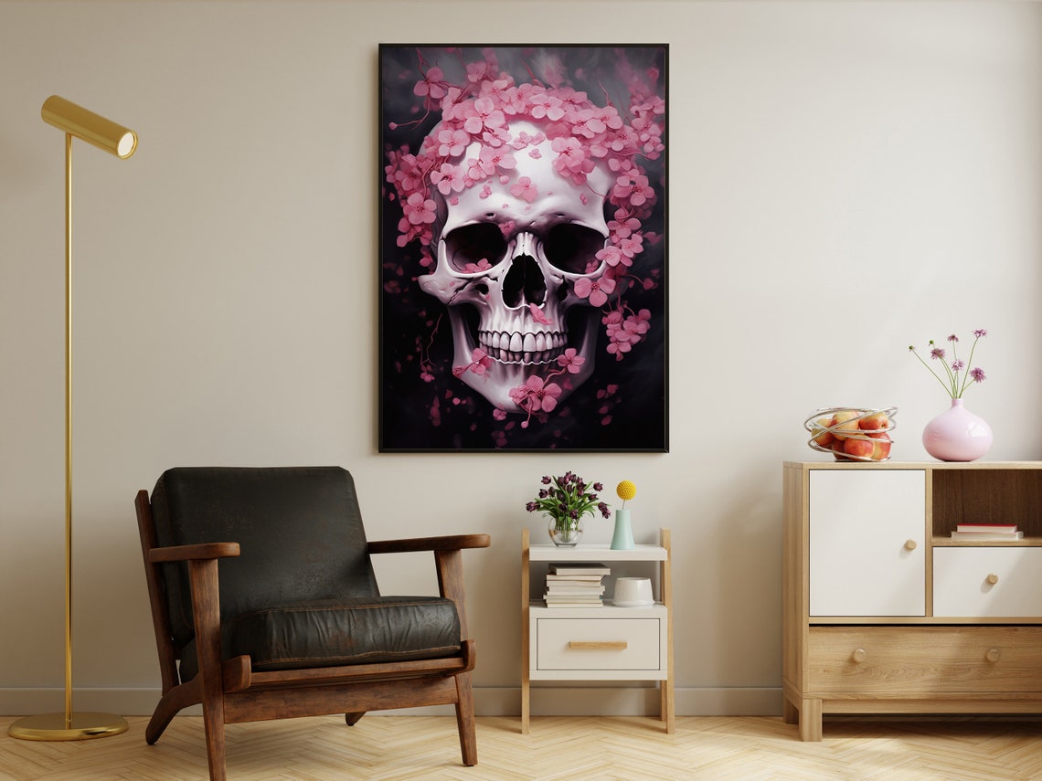 White Skull Pink Cherry Blossoms Dark Gothic Floral Art Poster - Image 3