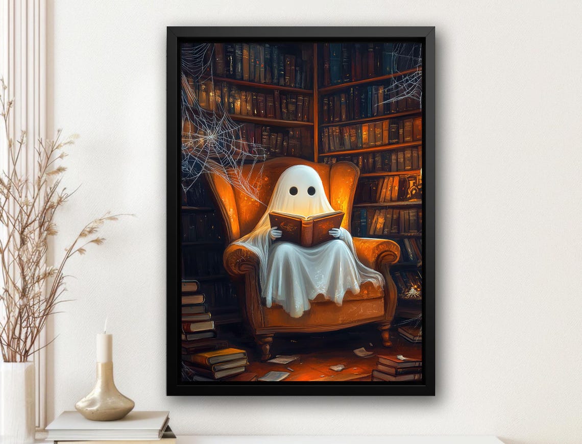 Cute Ghost Reading A Book In Spooky Library Armchair Art Print