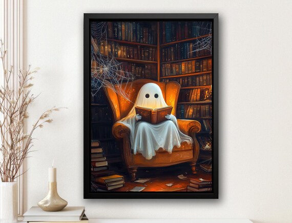Cute Ghost Reading A Book In Spooky Library Armchair Art Print