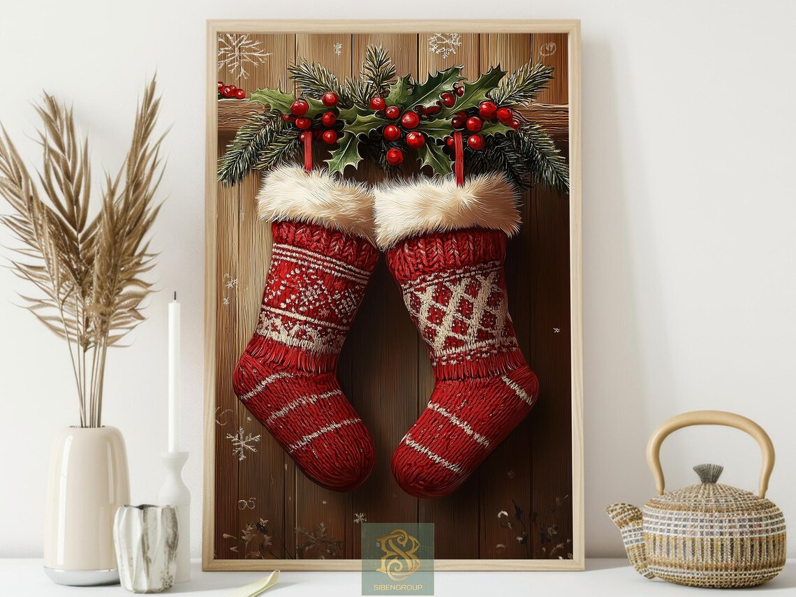 Red Knit Christmas Stockings With Fur Cuffs on Wood Wall Art Print - Image 3