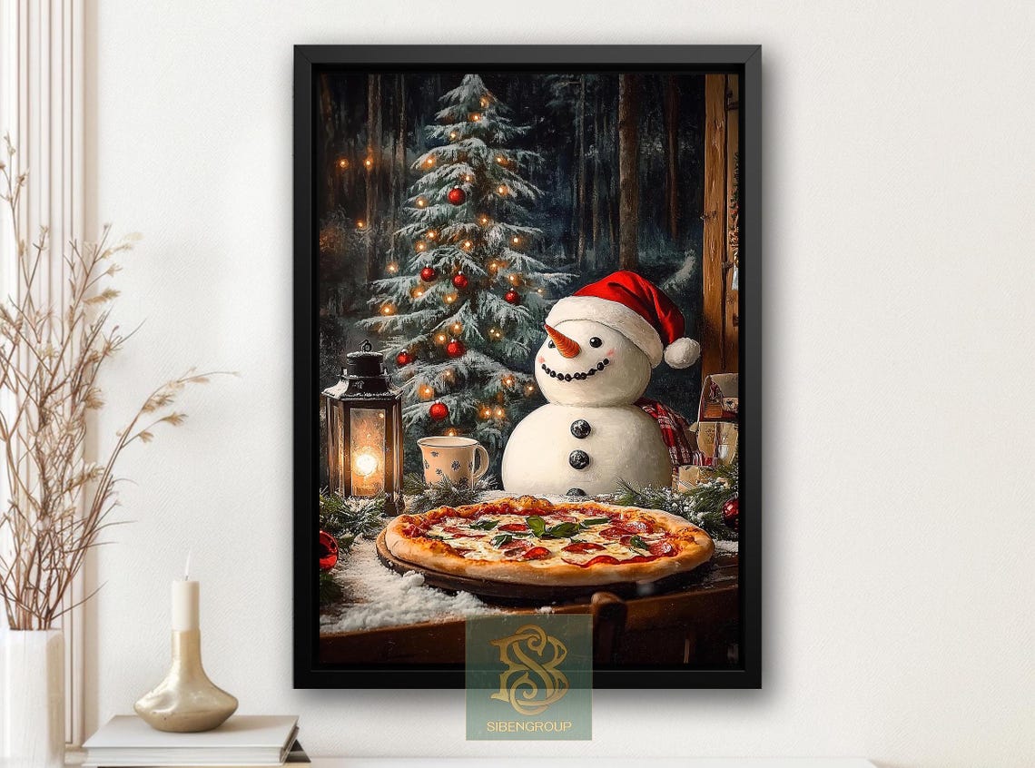 Cheerful Snowman In Santa Hat With Pizza Beside Christmas Tree Print