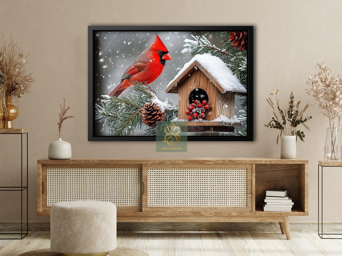 Red Cardinal Snowy Birdhouse Winter Snowfall Bird Painting Poster - Image 4