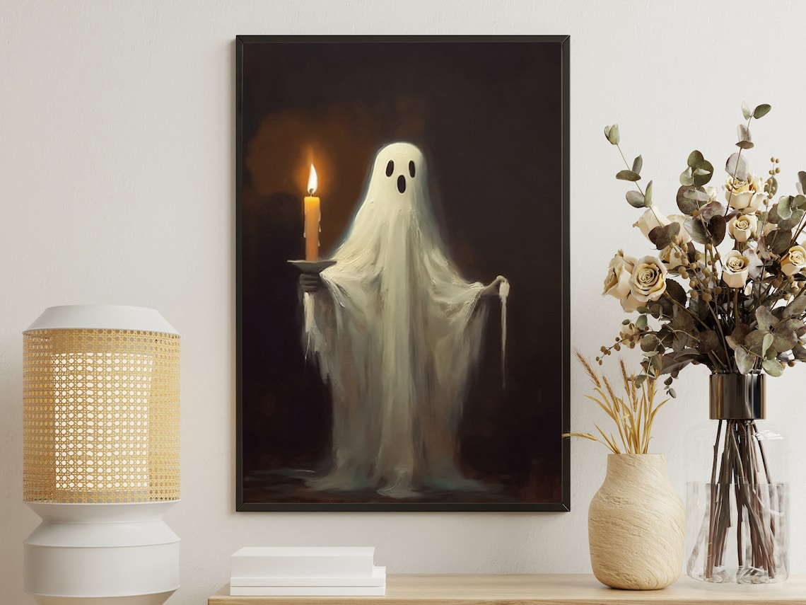 Vintage Ghost Holding Lit Candle Dark Classic Oil Painting Spooky Gothic Poster
