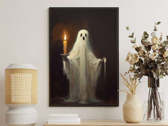 Vintage Ghost Holding Lit Candle Dark Classic Oil Painting Spooky Gothic Poster