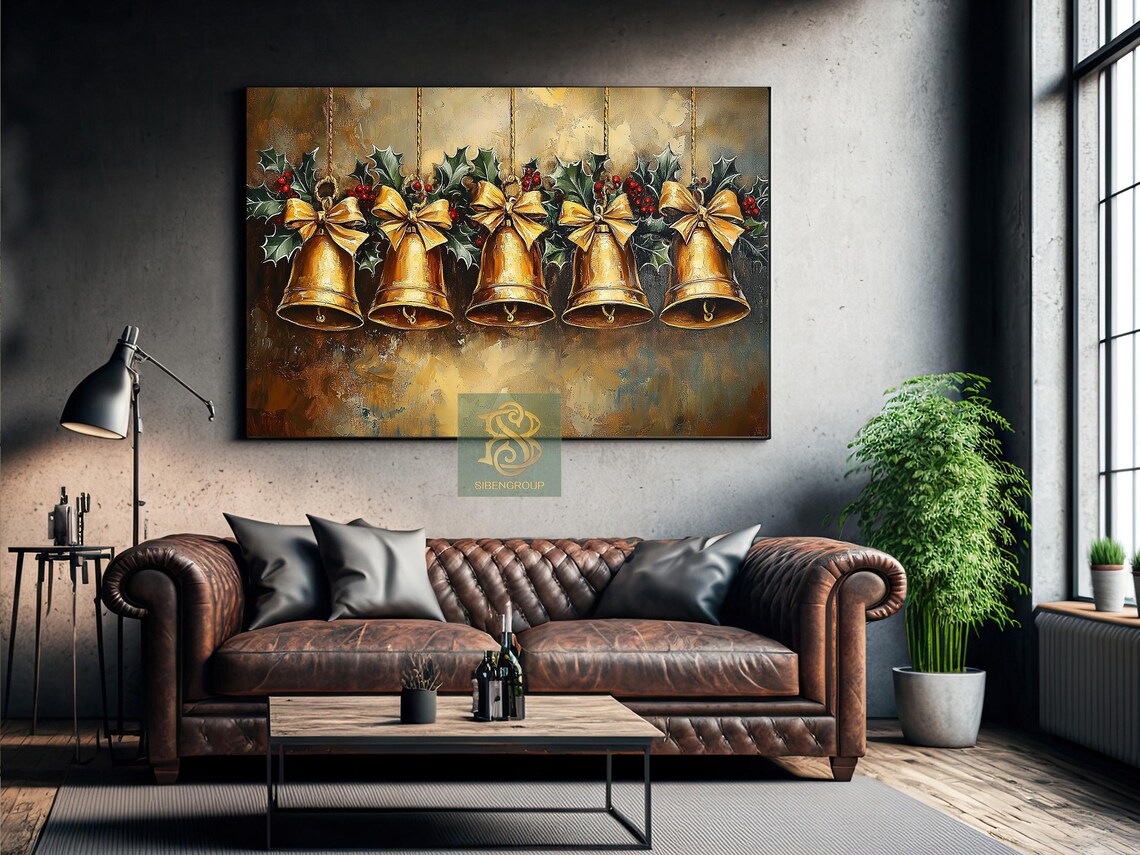 Vintage Golden Christmas Bells With Bows and Holly Painting Poster - Image 2