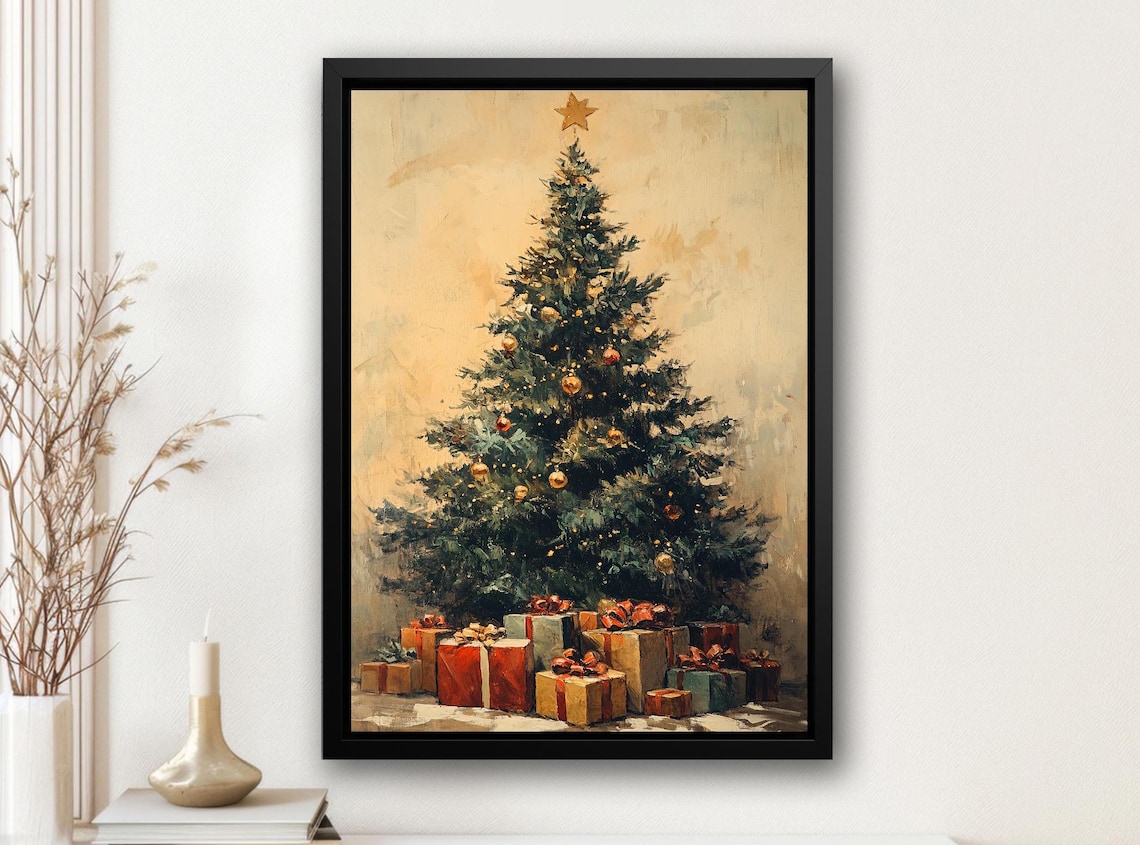 Vintage Christmas Tree With Gold Star and Gifts Oil Painting Poster