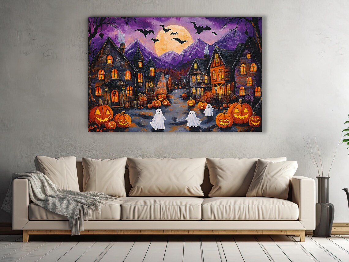Halloween Village With Pumpkins Ghosts And Purple Night Print - Image 3