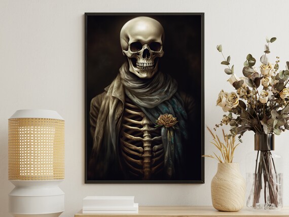 Dapper Skeleton Portrait Scarf Rose Boutonniere Dark Academia Art Poster