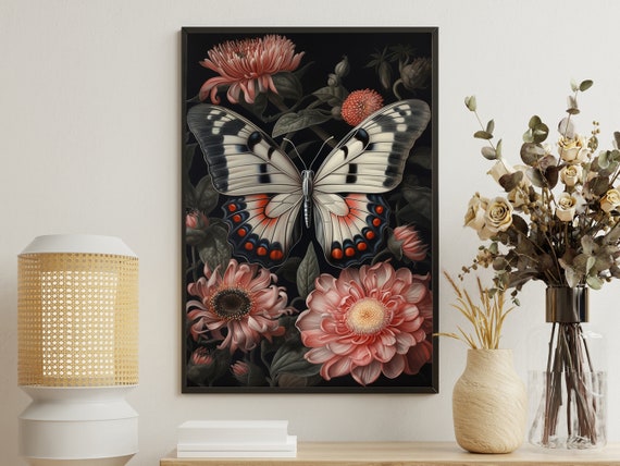 Cottage Butterfly Painting Flowers Art Print Butterfly Print Flowers Wall Art Botanical Art Print Flowers Poster Print