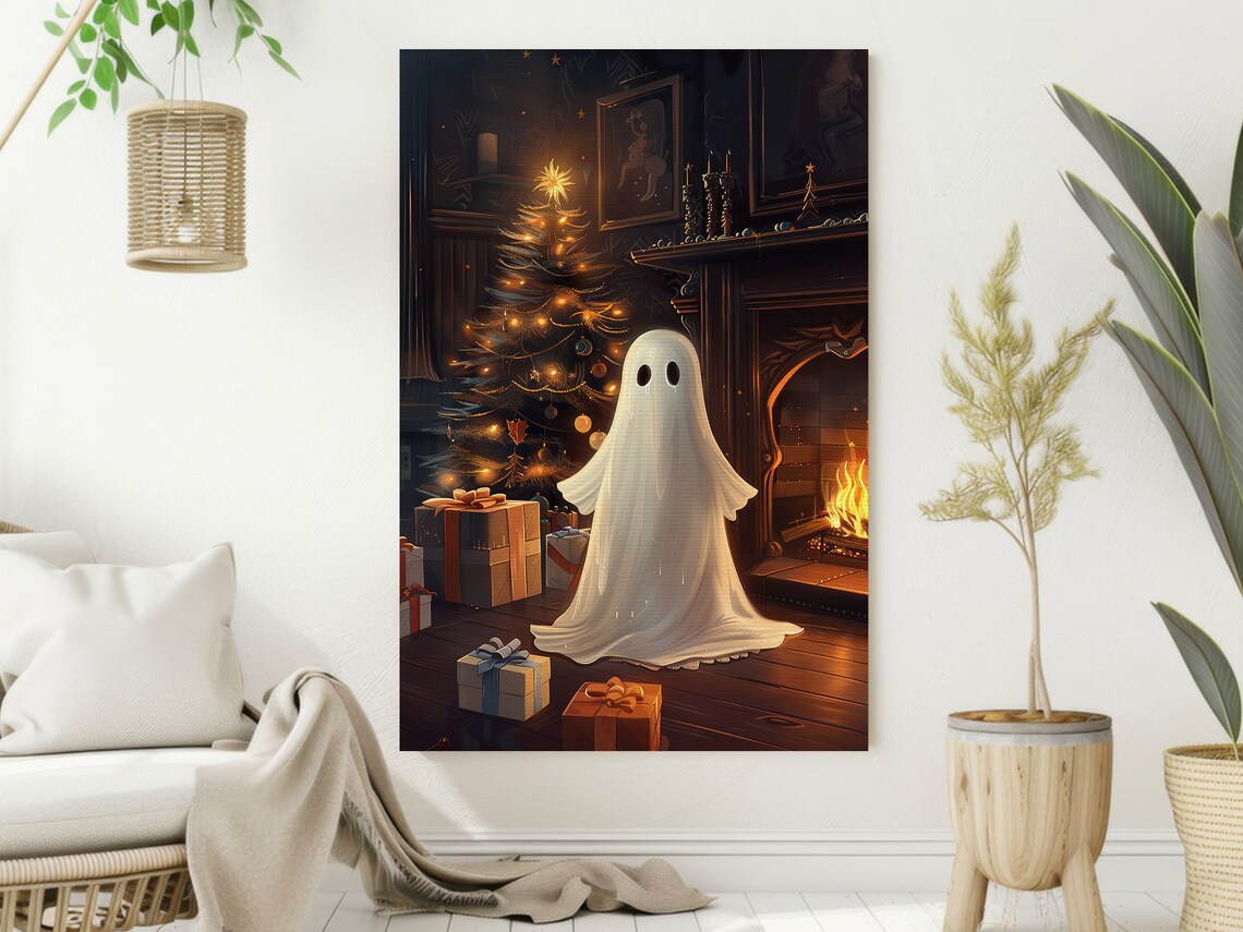 Cute Ghost by Christmas Tree Fireplace Cozy Holiday Halloween Poster - Image 2
