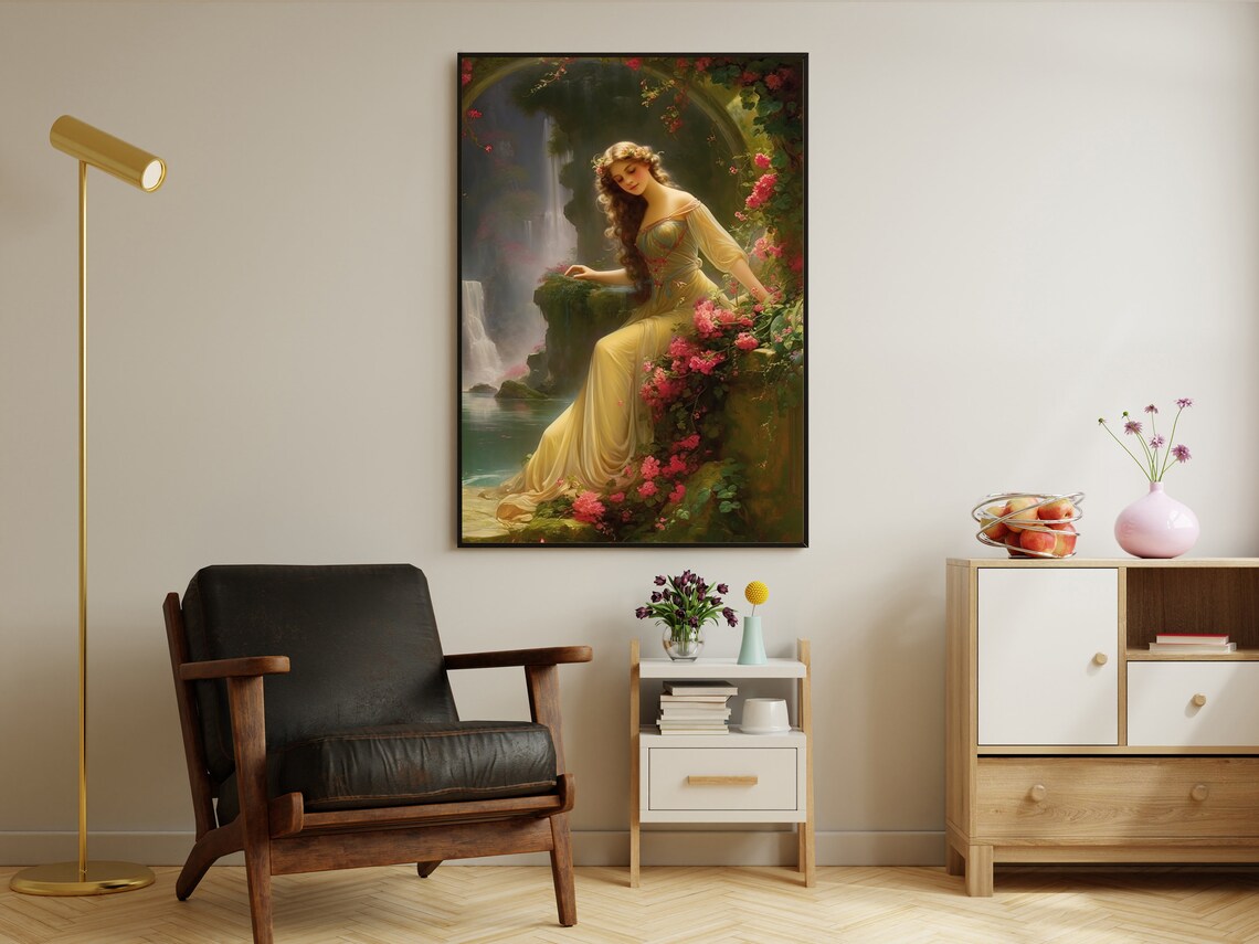 Woman In Flowing Yellow Gown By Waterfall Among Pink Flowers Romantic Poster - Image 3