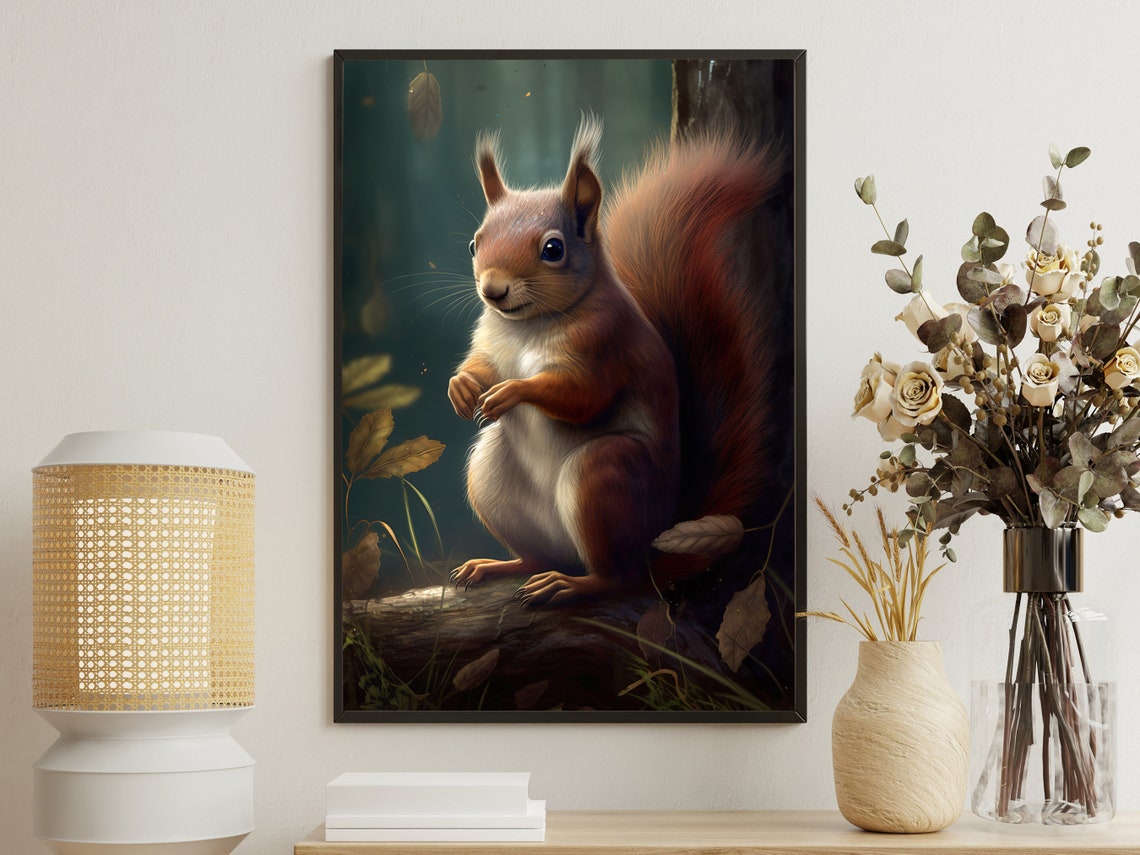 Adorable Red Squirrel On A Mossy Log In The Woodland Forest Poster