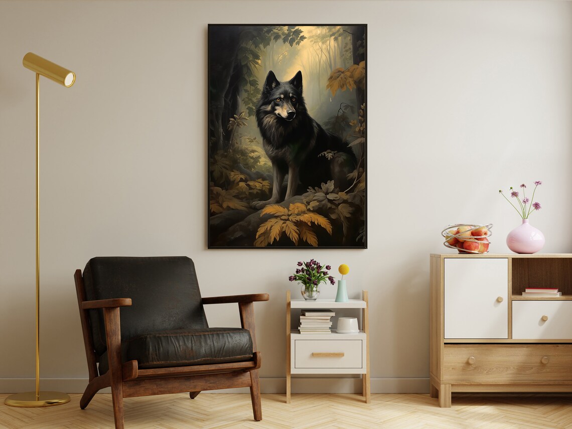 Black Wolf Standing In A Misty Golden Autumn Forest Wildlife Poster - Image 2
