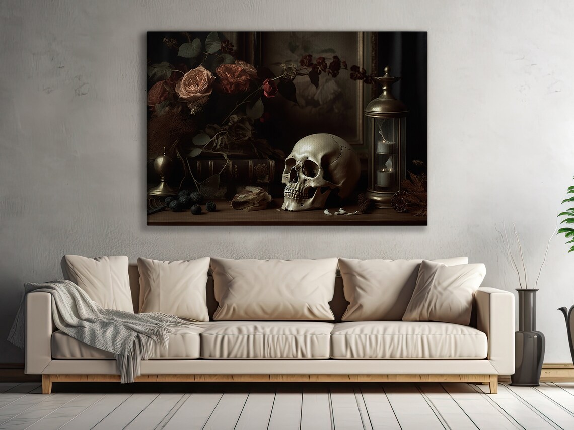 Vanitas Skull Still Life Old Books Lantern Dried Roses Dark Academia Wall Art - Image 4