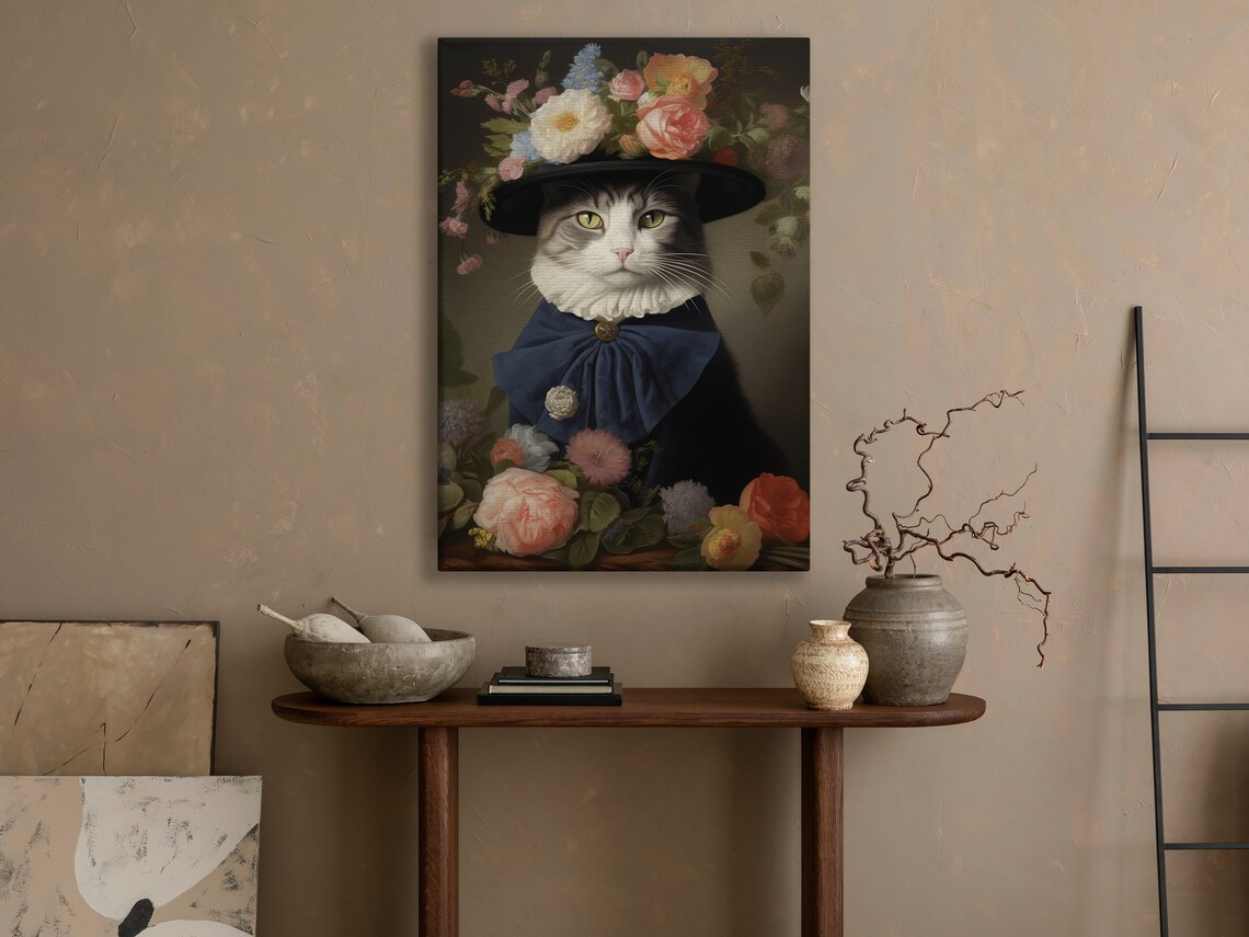 Victorian Cat Lady Hat Flowers Bow Tie Floral Pet Portrait Art Poster - Image 4