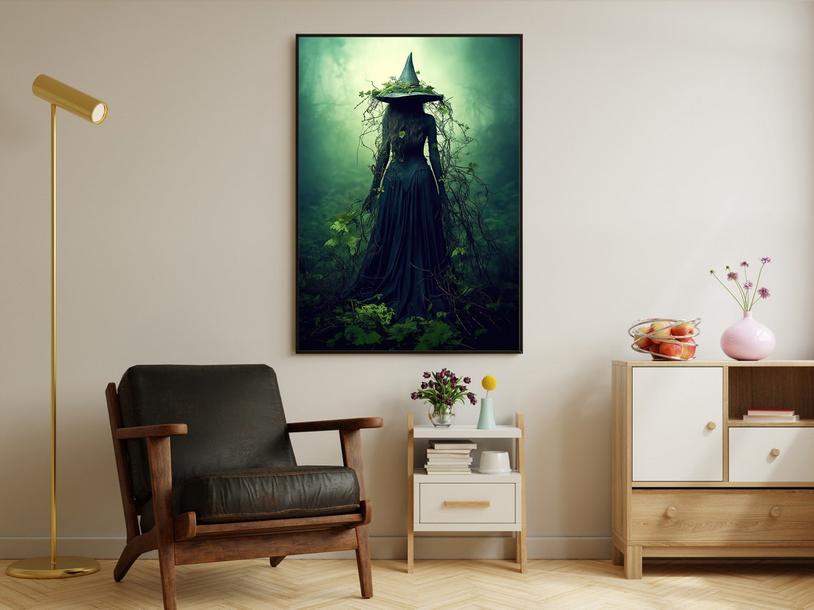 Witch In Misty Green Forest With Vine Hat Dark Nature Art Print - Image 4