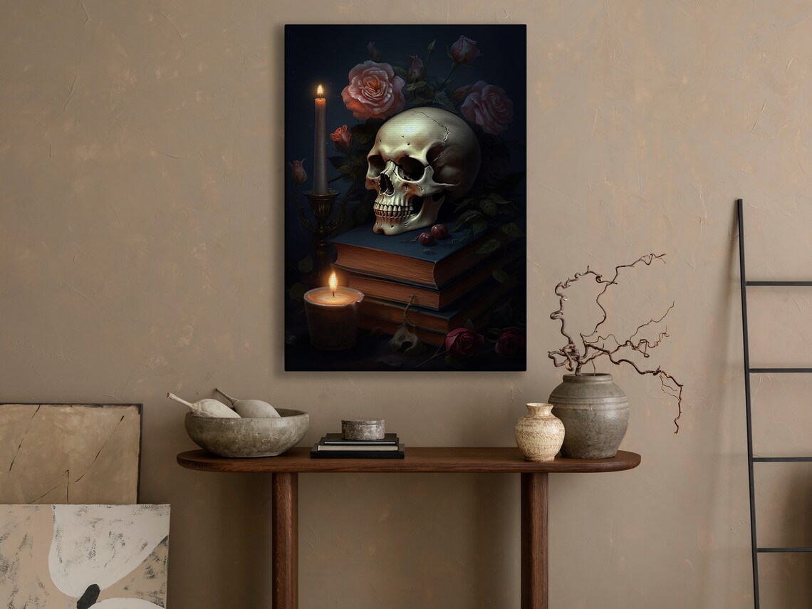 Gothic Skull On Stacked Books With Roses And Candle Dark Academia Poster - Image 4