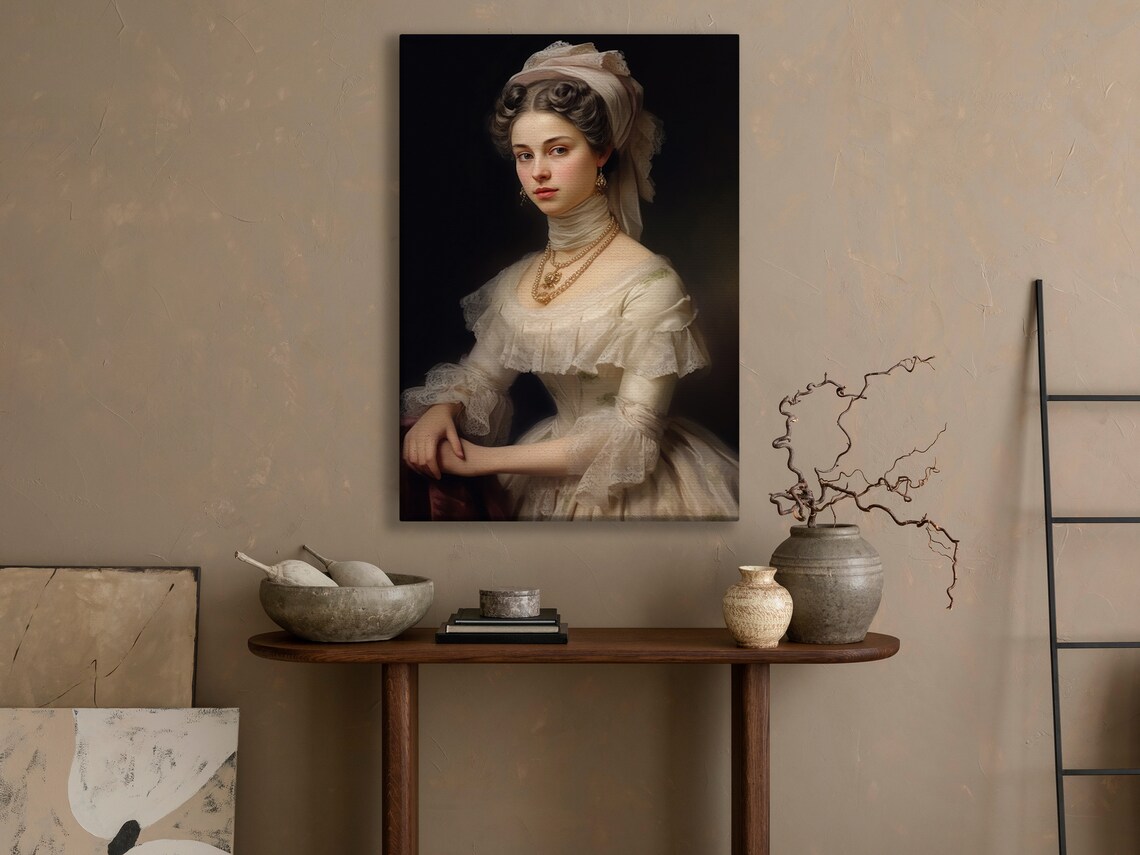 Victorian Woman White Bonnet Pearls Classic Portrait Oil Painting Art Poster - Image 3