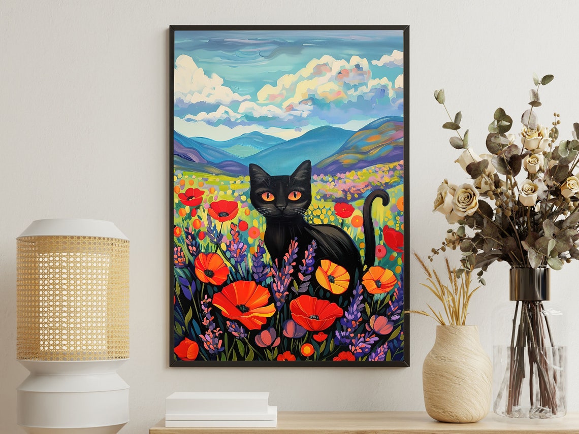 Black Cat In Wildflower Meadow Mountain Folk Art Colorful Poster
