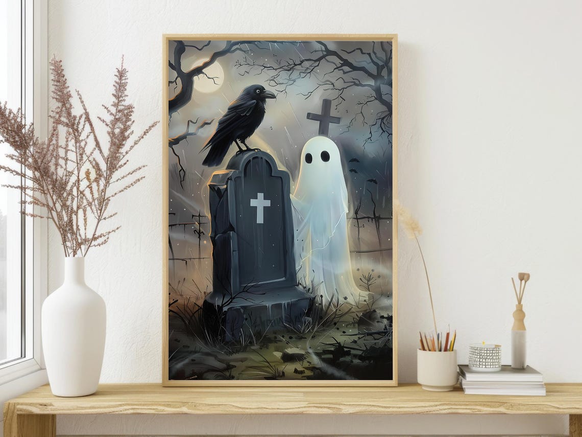 Cute Ghost with Raven on Tombstone Moonlit Graveyard Halloween Poster - Image 4