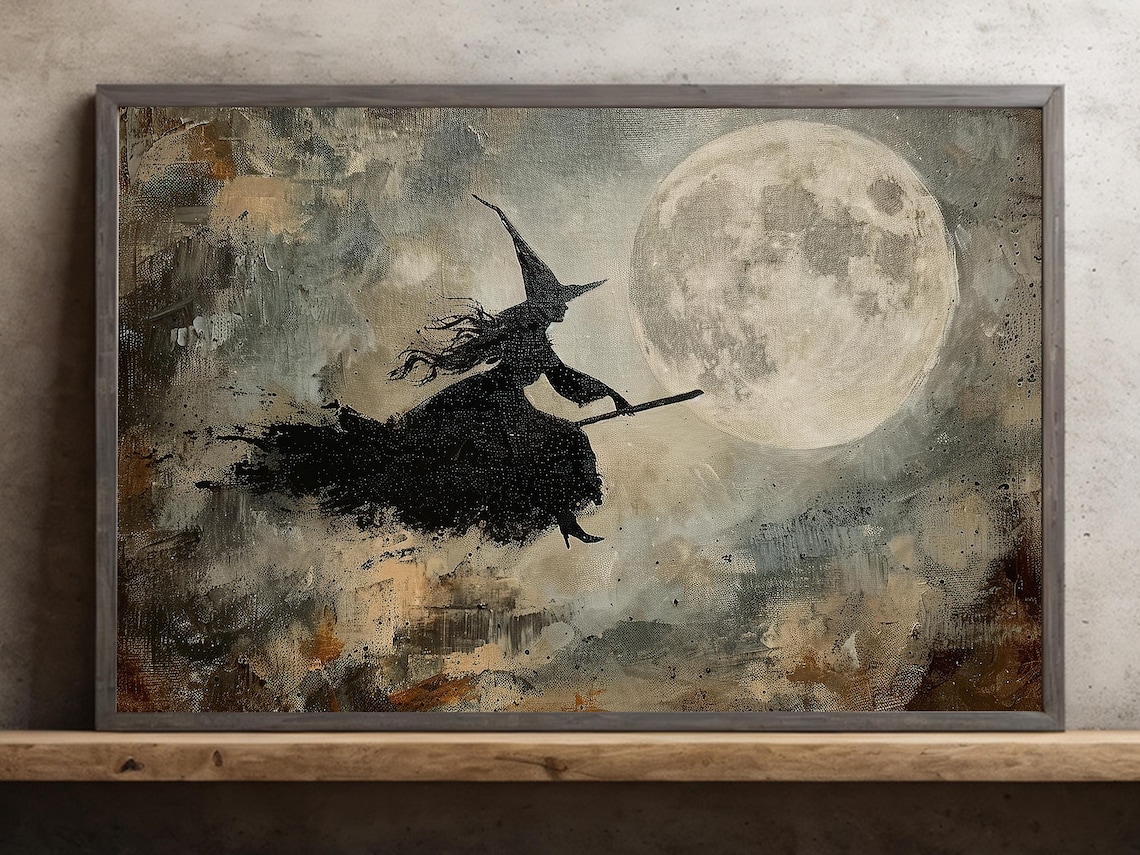 Silhouette Witch Flying Past Full Moon On Broomstick Halloween Wall Art