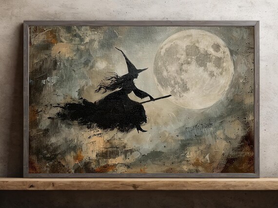 Silhouette Witch Flying Past Full Moon On Broomstick Halloween Wall Art