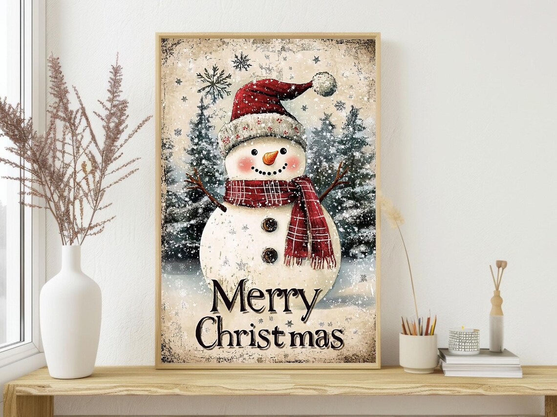 Smiling Snowman With Red Hat Plaid Scarf Merry Christmas Sign Poster - Image 3