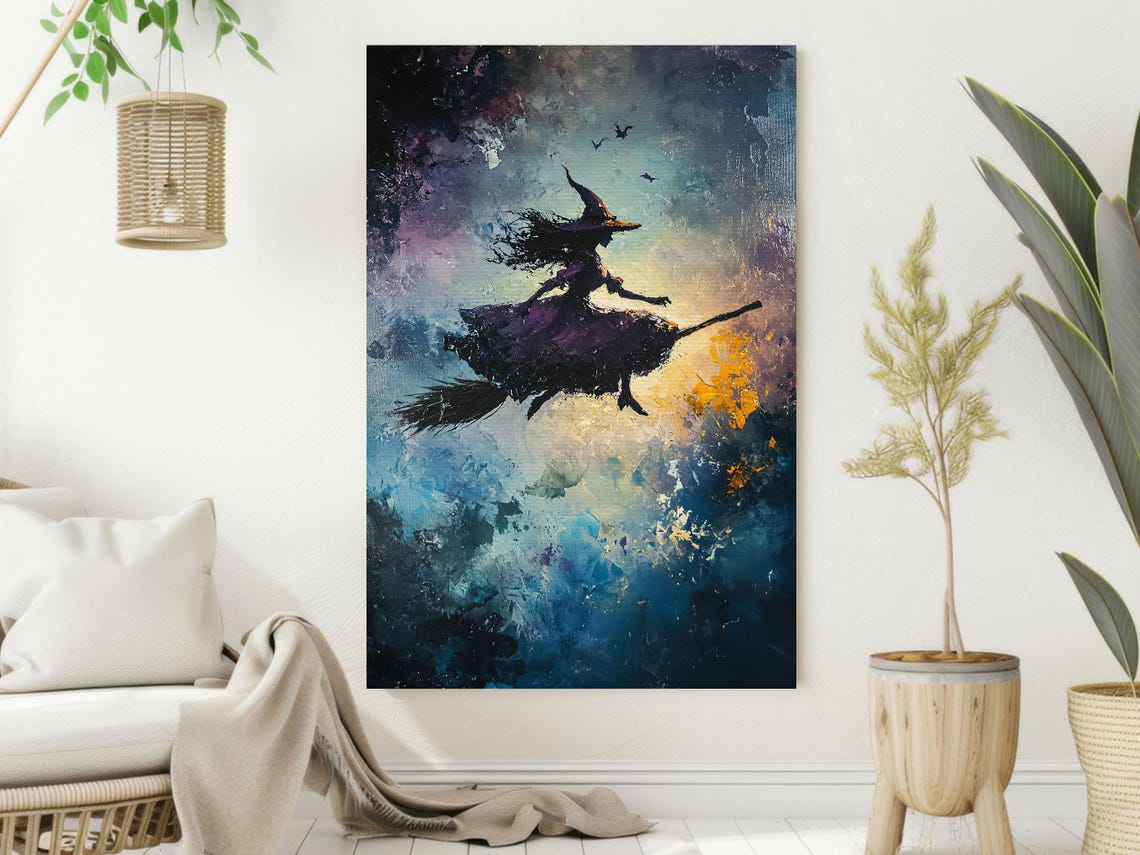 Witch On Broom Flying Through Swirling Painterly Midnight Sky Print - Image 2
