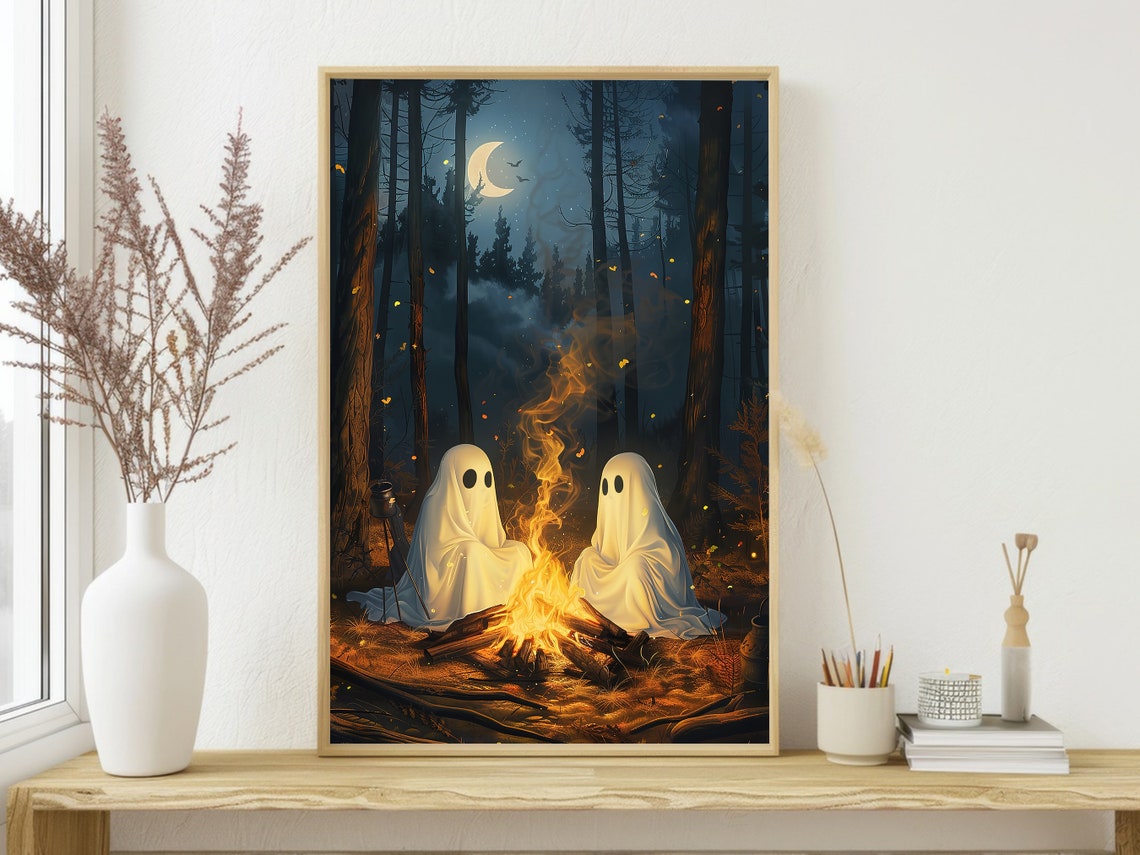 Two Cute Ghosts By Campfire Night Forest Crescent Moon Art Poster - Image 3