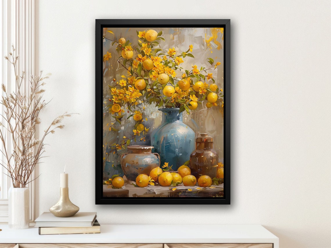Lemon Branches And Yellow Blossoms In Blue Vase Still Life Wall Art - Image 3